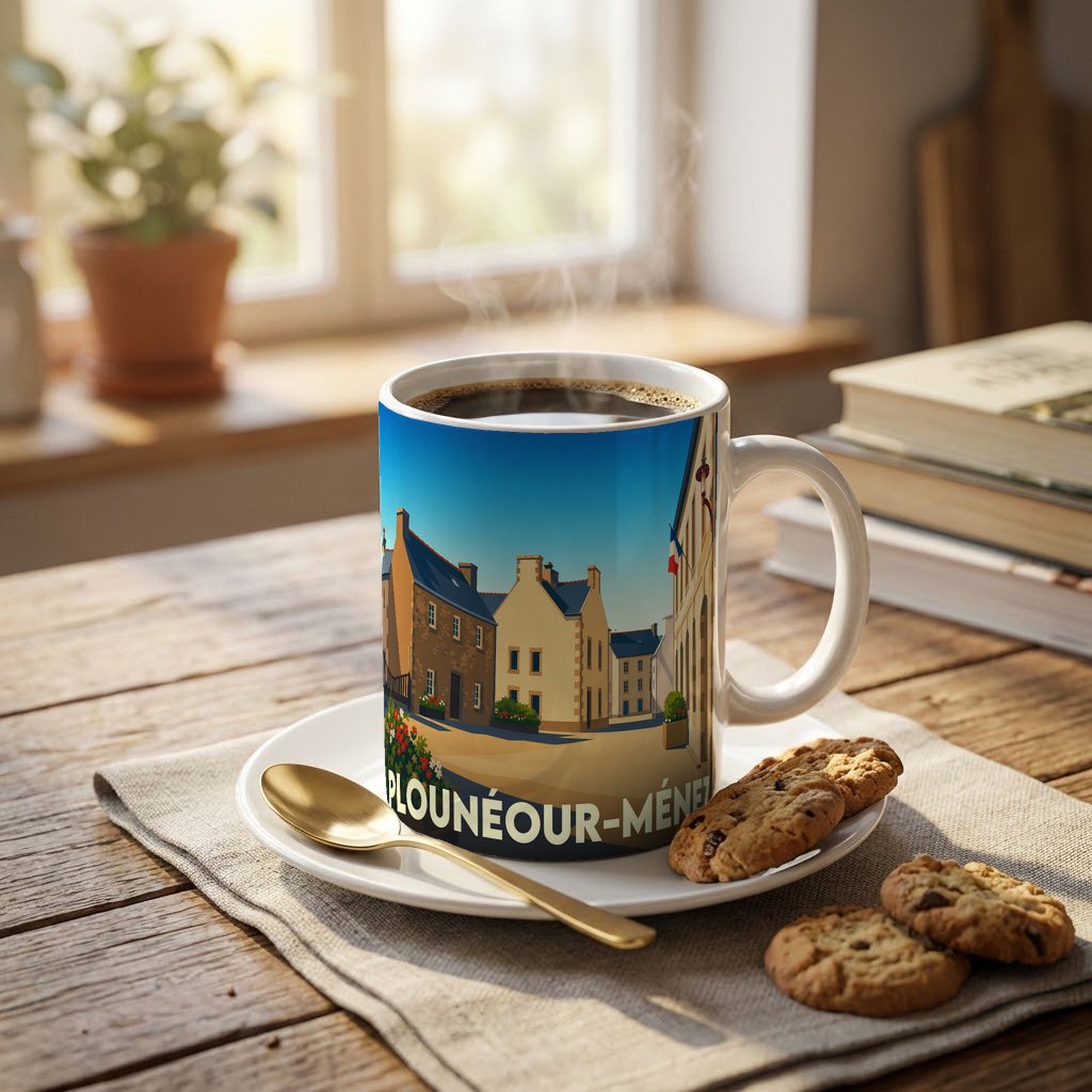 Mug souvenir de la ville de Plounéour-Ménez avec une illustration stylisée de ses bâtiments typiques.