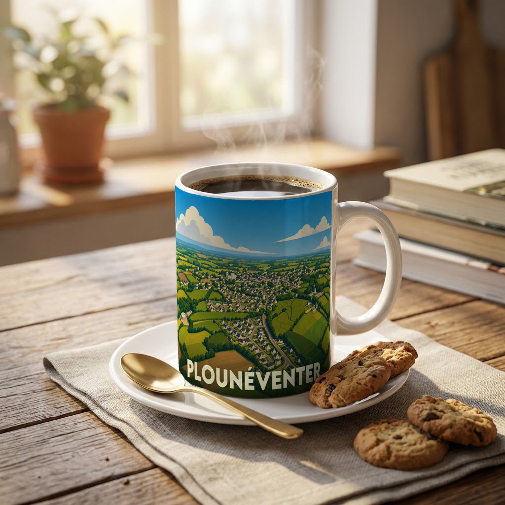 Mug souvenir de la ville de Plounéventer avec une illustration stylisée d'un paysage de campagne vue du ciel.