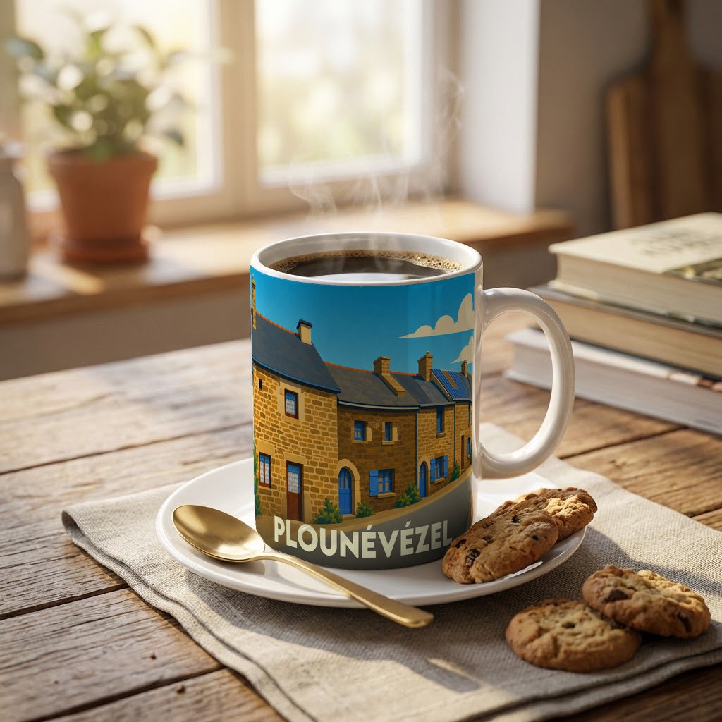 Mug souvenir de la ville de Plounévézel orné d'une illustration stylisée de maisons traditionnelles en pierre.