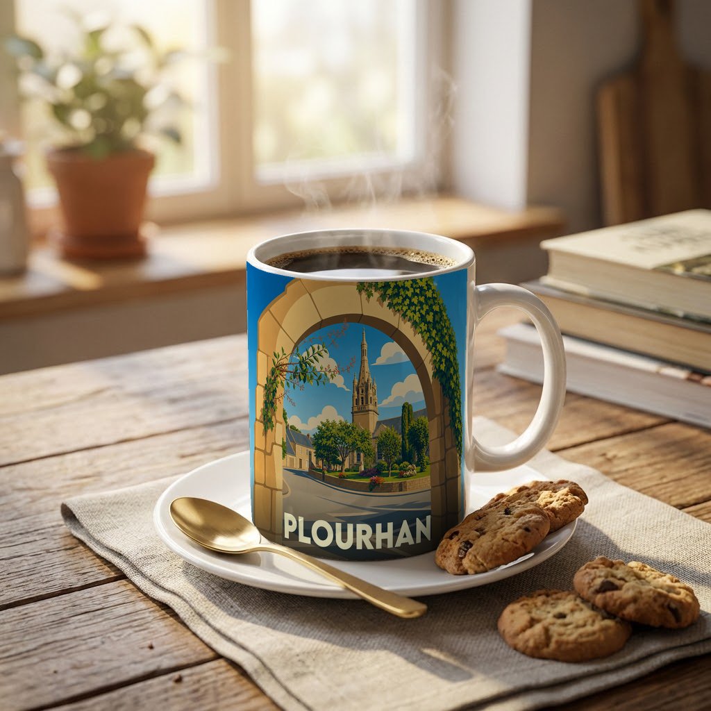 Mug souvenir de la ville de Plourhan avec une illustration stylisée d'un clocher à travers une arche fleurie.