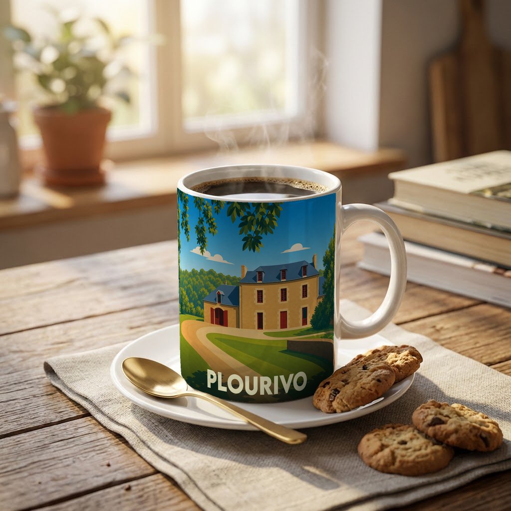 Mug souvenir de la ville de Plourivo orné d'une illustration stylisée d'un manoir breton.