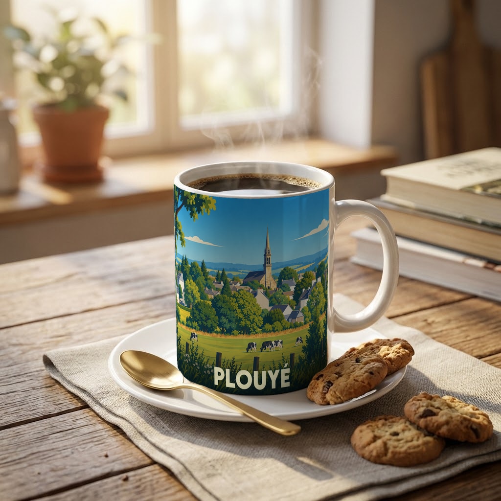 Mug souvenir de la ville de Plouyé orné d'une illustration paysagère stylisée.
