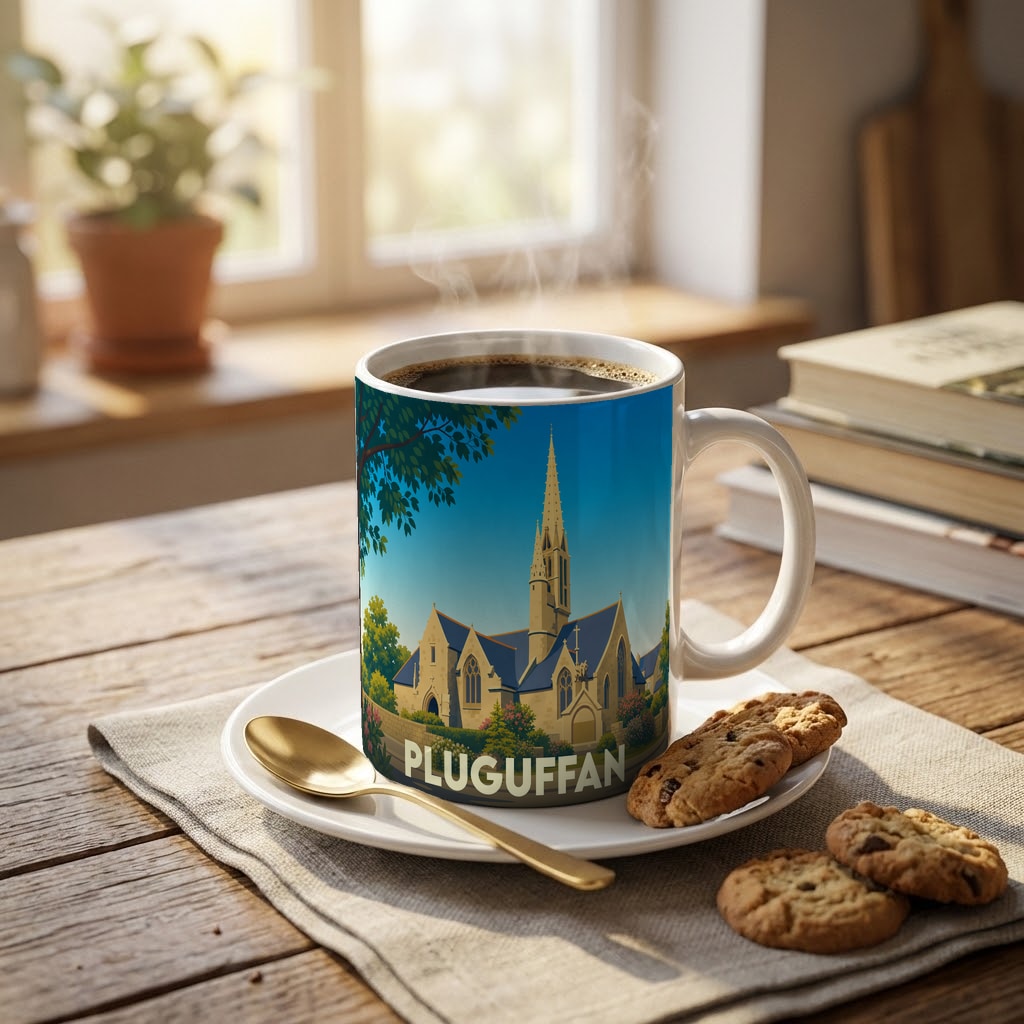 Mug souvenir de la ville de Pluguffan avec une illustration stylisée d'une église.