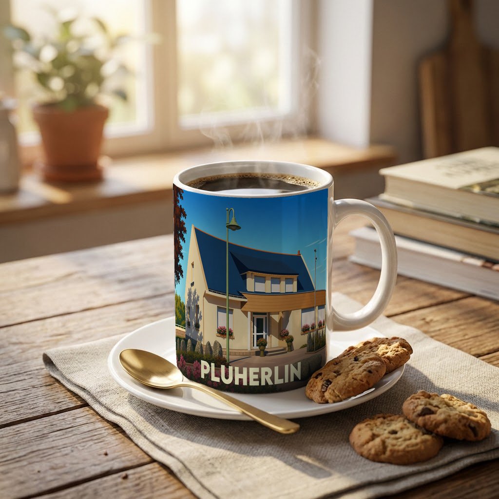 Mug souvenir de la ville de Pluherlin avec une illustration stylisée d'une maison bretonne.