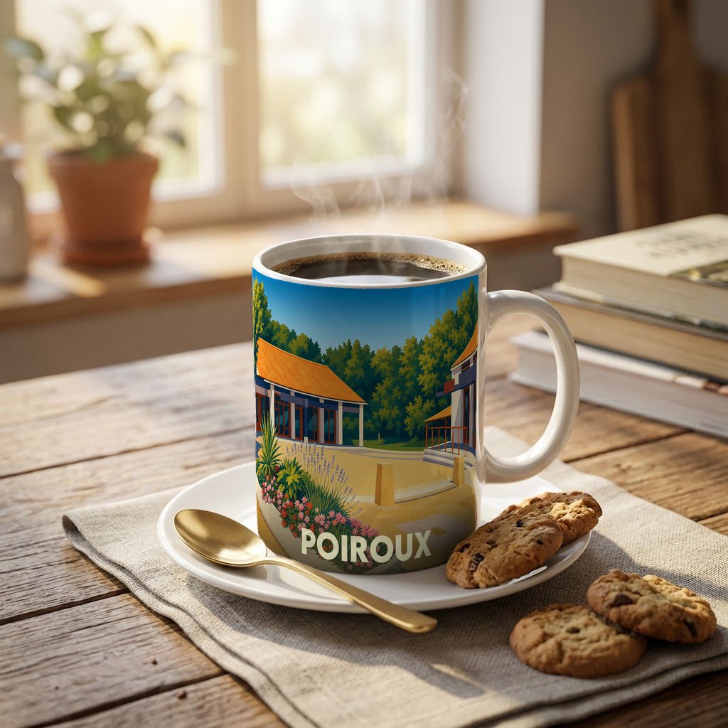 Mug souvenir de la ville de Poiroux avec une illustration stylisée et colorée.