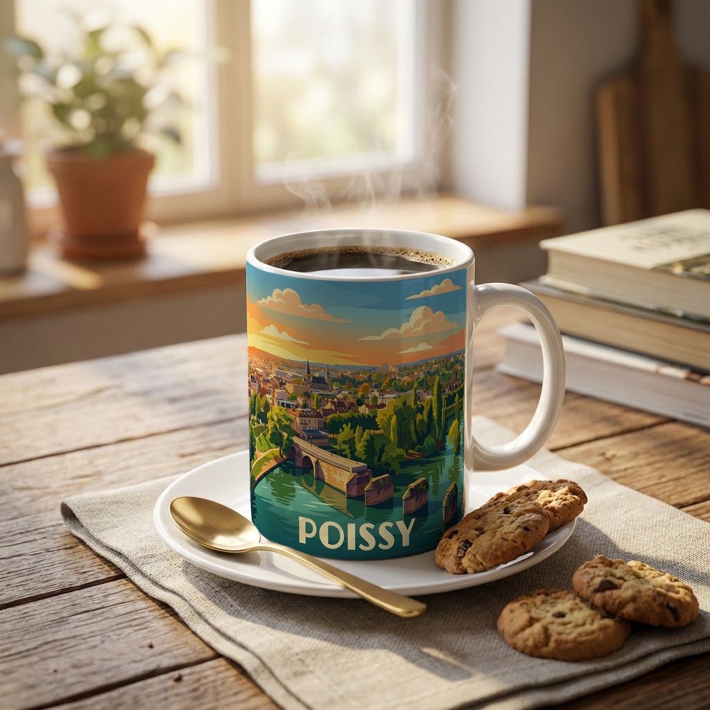 Mug souvenir de la ville de Poissy avec une illustration stylisée de son pont historique et de son paysage fluvial.