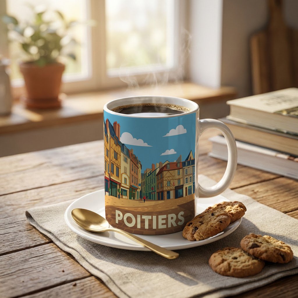Mug souvenir de la ville de Poitiers avec une illustration stylisée de ses rues médiévales.
