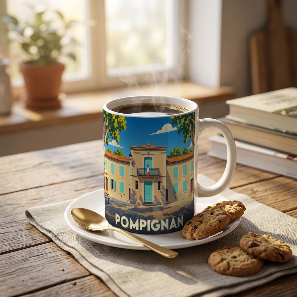 Mug souvenir de la ville de Pompignan avec une illustration stylisée de sa mairie.