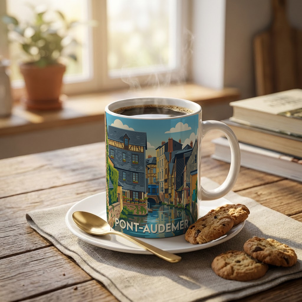 Mug souvenir de la ville de Pont-Audemer avec une illustration stylisée de ses canaux.