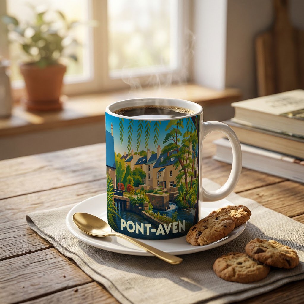 Mug souvenir de la ville de Pont-Aven orné d'une illustration stylisée du village et de sa rivière.