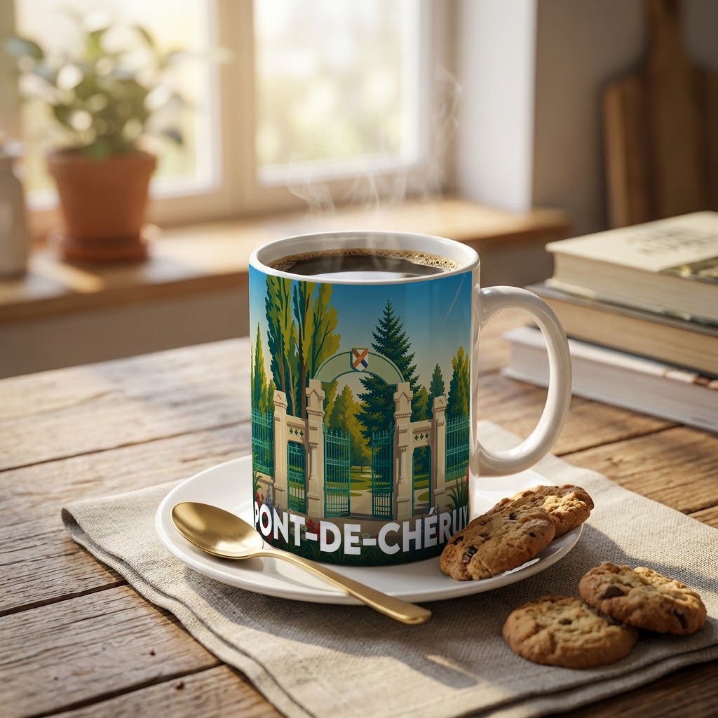Mug souvenir de la ville de Pont-de-Chéruy illustré d'un parc boisé avec un portail majestueux.