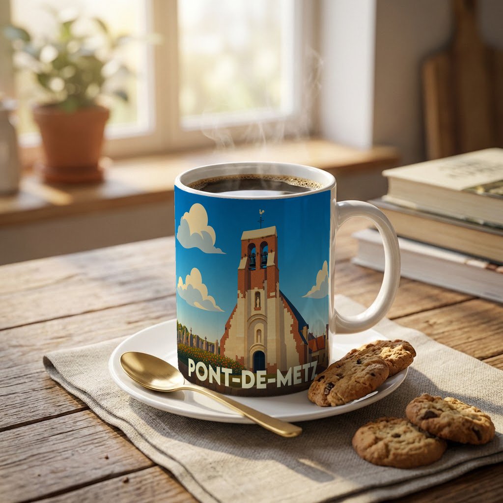 Mug souvenir de la ville de Pont-de-Metz orné d'une illustration stylisée de son église.