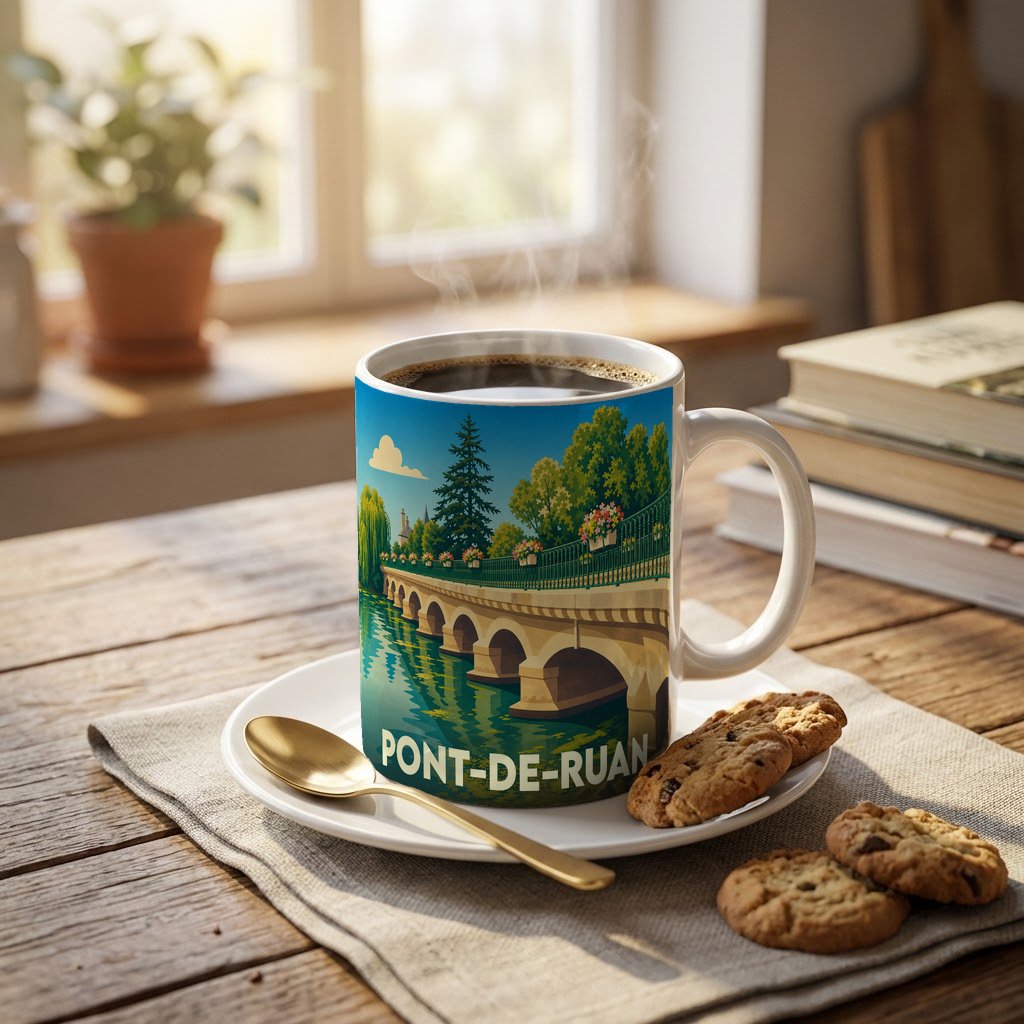 Mug souvenir de la ville de Pont-de-Ruan avec une illustration stylisée d'un pont en pierre sur une rivière.
