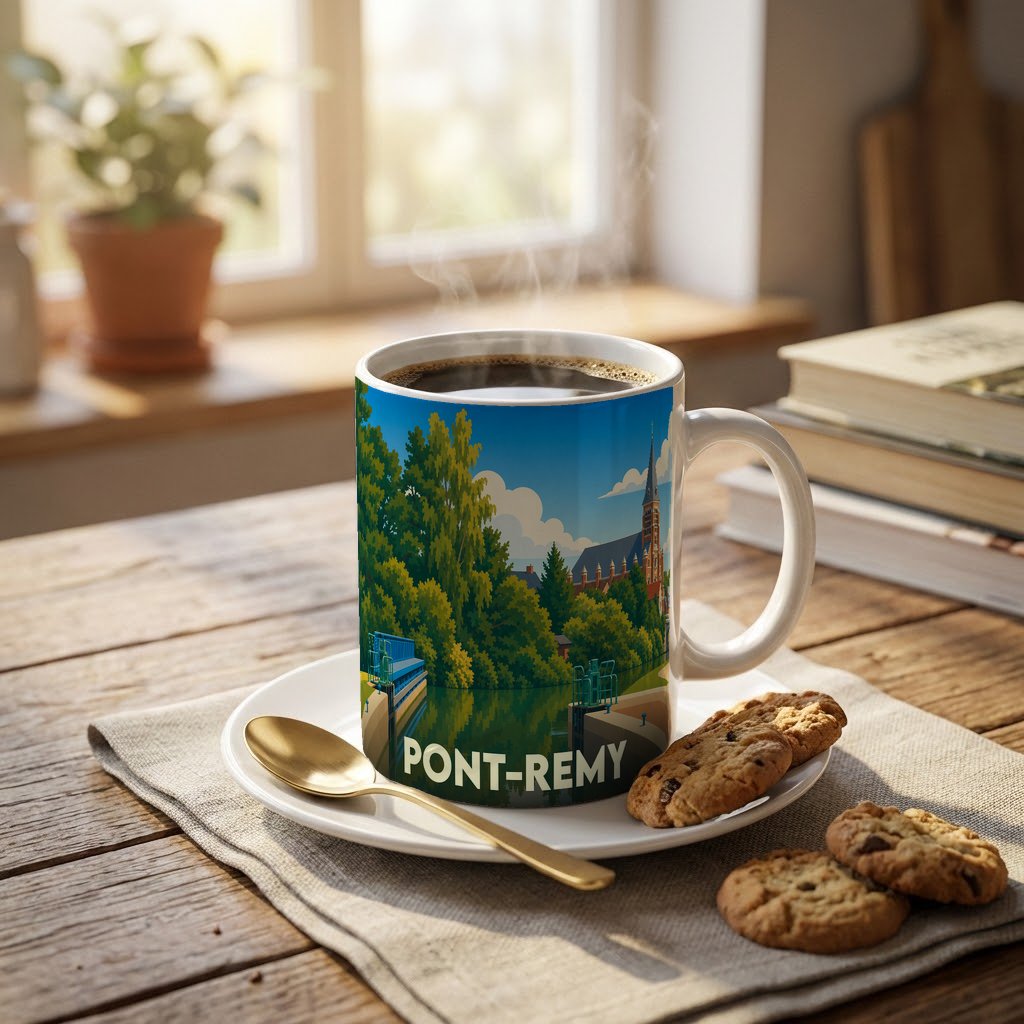 Mug souvenir de la ville de Pont-Remy avec une illustration stylisée d'un paysage fluvial.