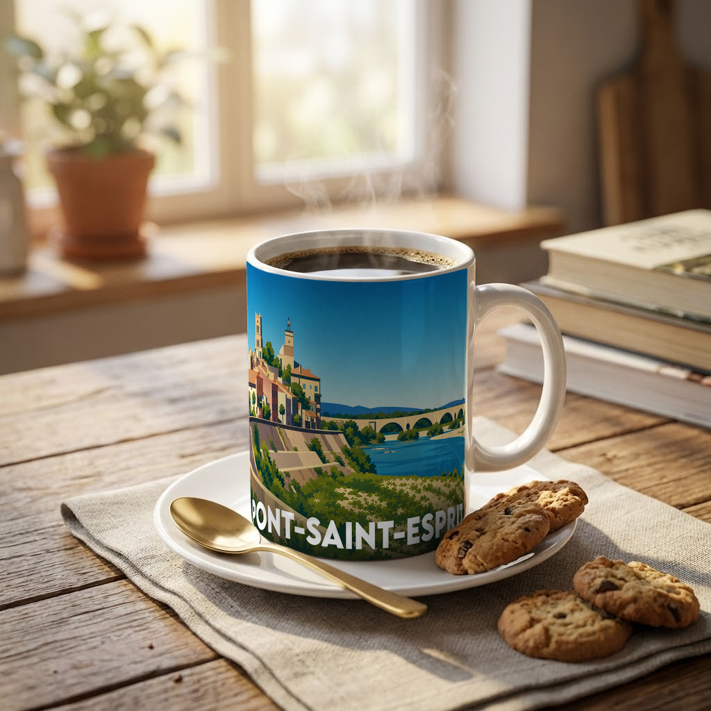 Mug souvenir de la ville de Pont-Saint-Esprit orné d'une illustration panoramique stylisée.