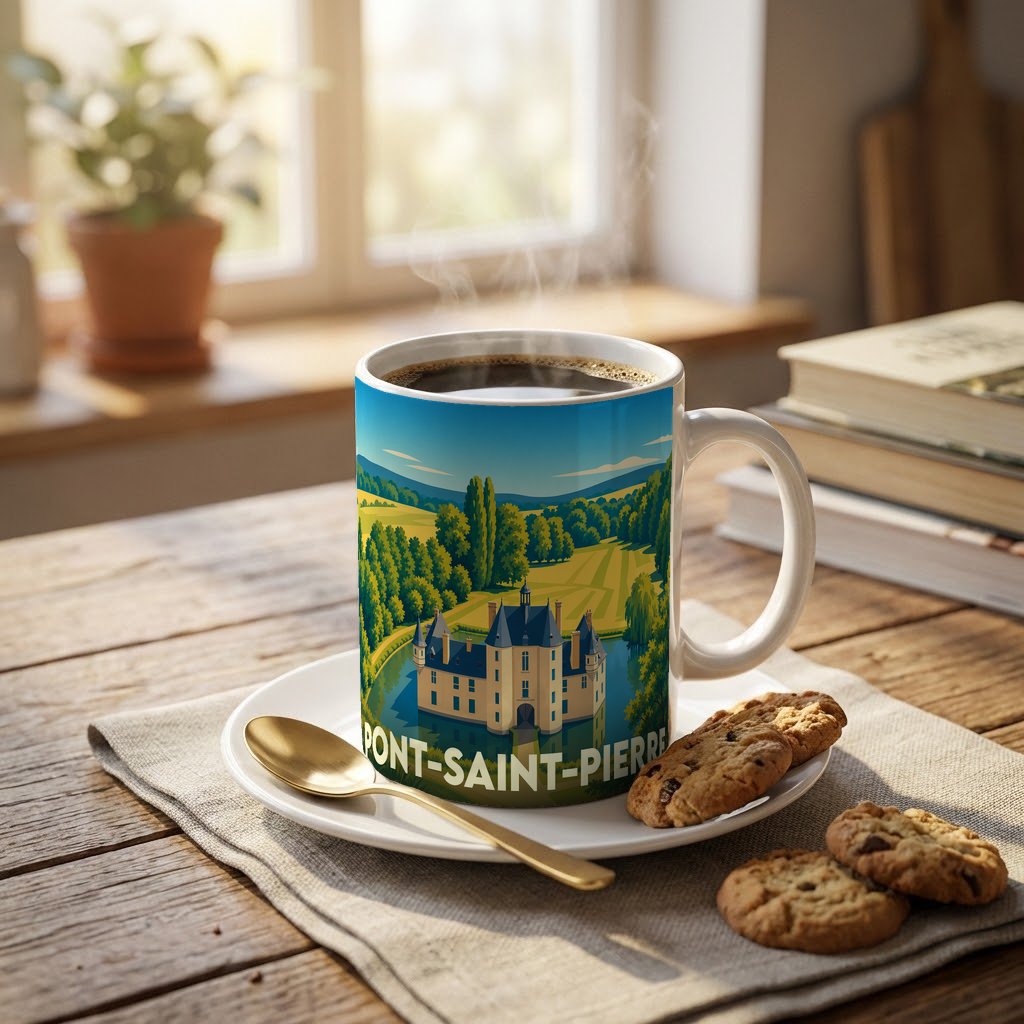 Mug souvenir de la ville de Pont-Saint-Pierre avec une illustration stylisée d'un château.