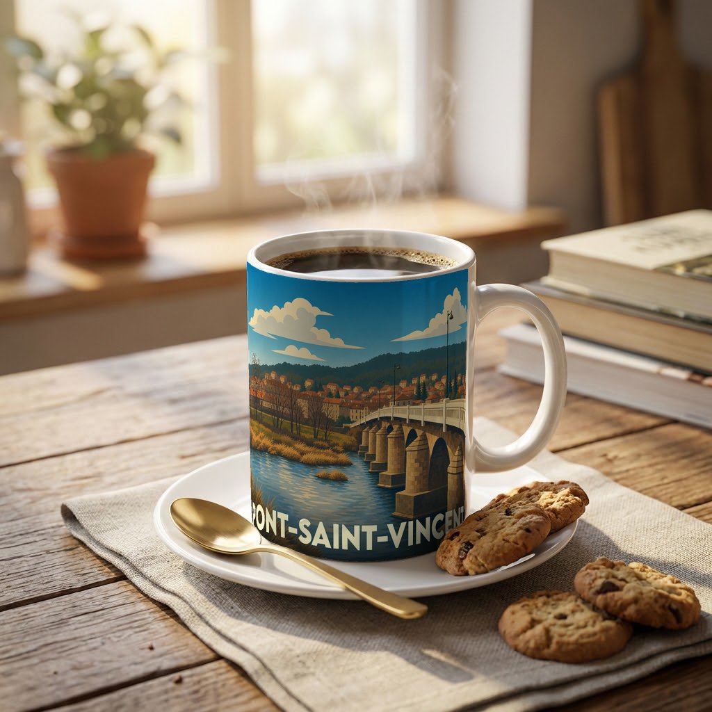 Mug souvenir de la ville de Pont-Saint-Vincent avec une illustration stylisée d'un pont et de la ville.
