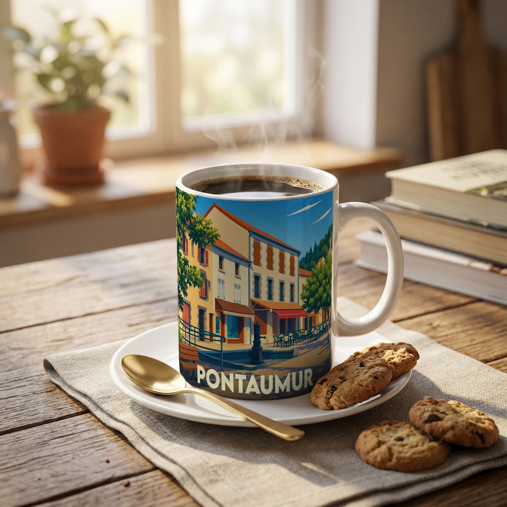 Mug souvenir de la ville de Pontaumur orné d'une illustration stylisée de ses rues, posé sur une table avec des biscuits.