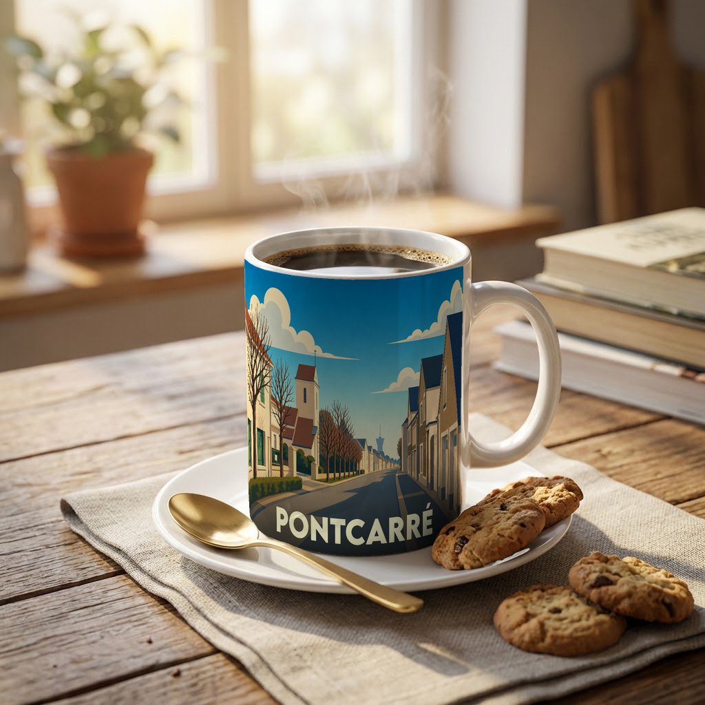 Mug souvenir de la ville de Pontcarré orné d'une illustration stylisée représentant une rue pittoresque.