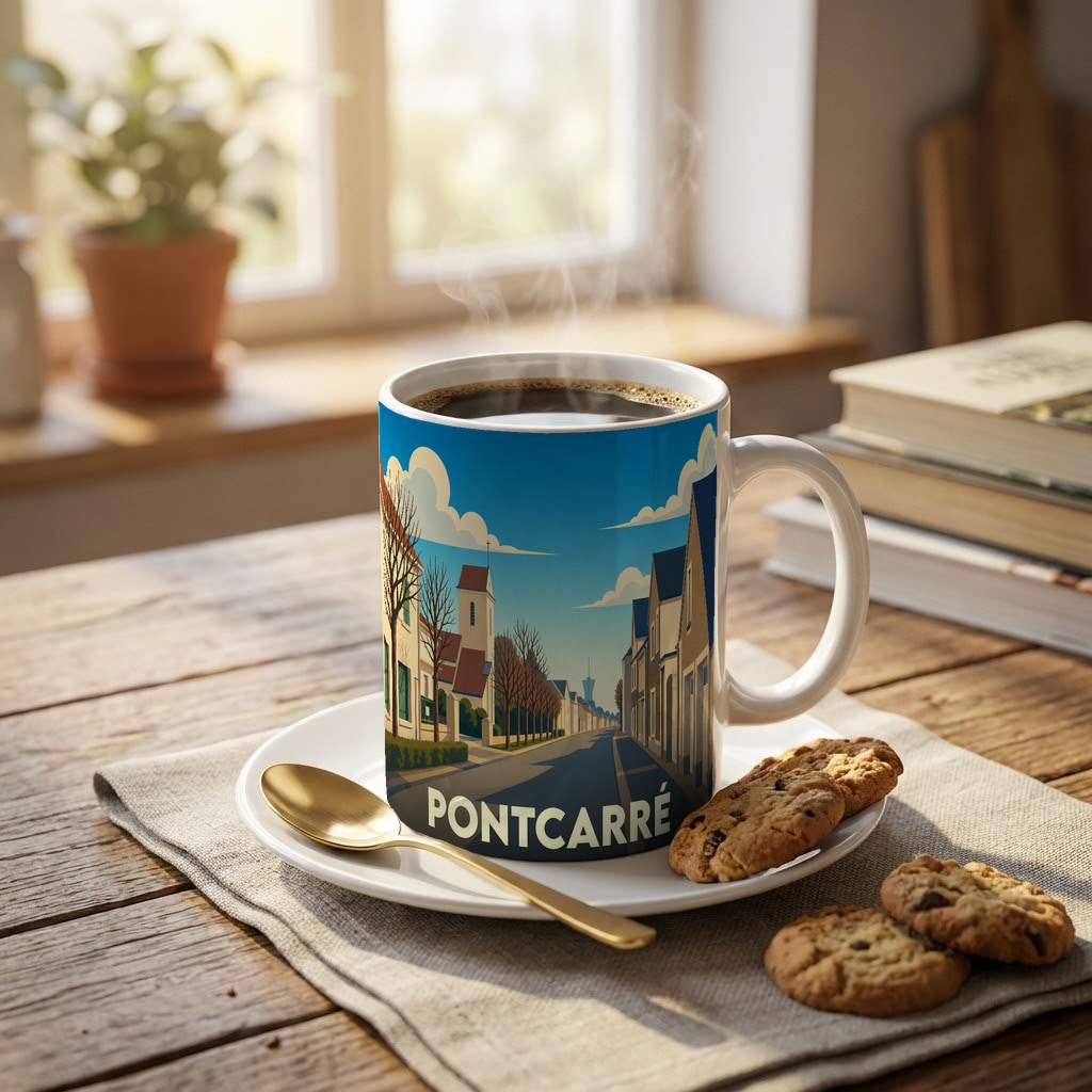 Mug souvenir de la ville de Pontcarré orné d'une illustration stylisée représentant une rue pittoresque.
