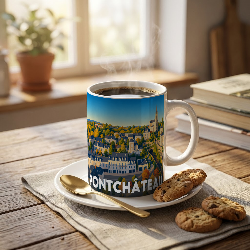 Mug souvenir de la ville de Pontchâteau avec une illustration stylisée du paysage urbain.