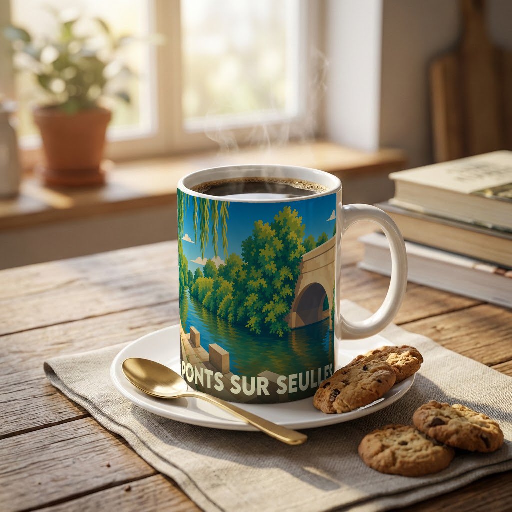 Mug souvenir de la ville de Ponts-sur-Seulles avec une illustration stylisée de son pont et de la rivière.