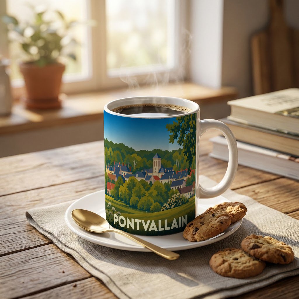 Mug souvenir de la ville de Pontvallain avec une illustration stylisée de son paysage urbain et arboré.