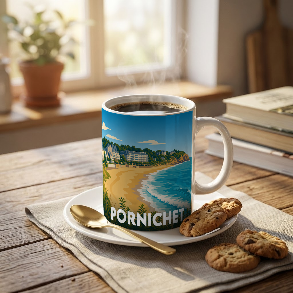 Mug souvenir de la ville de Pornichet avec une illustration stylisée d'une plage et de son front de mer.
