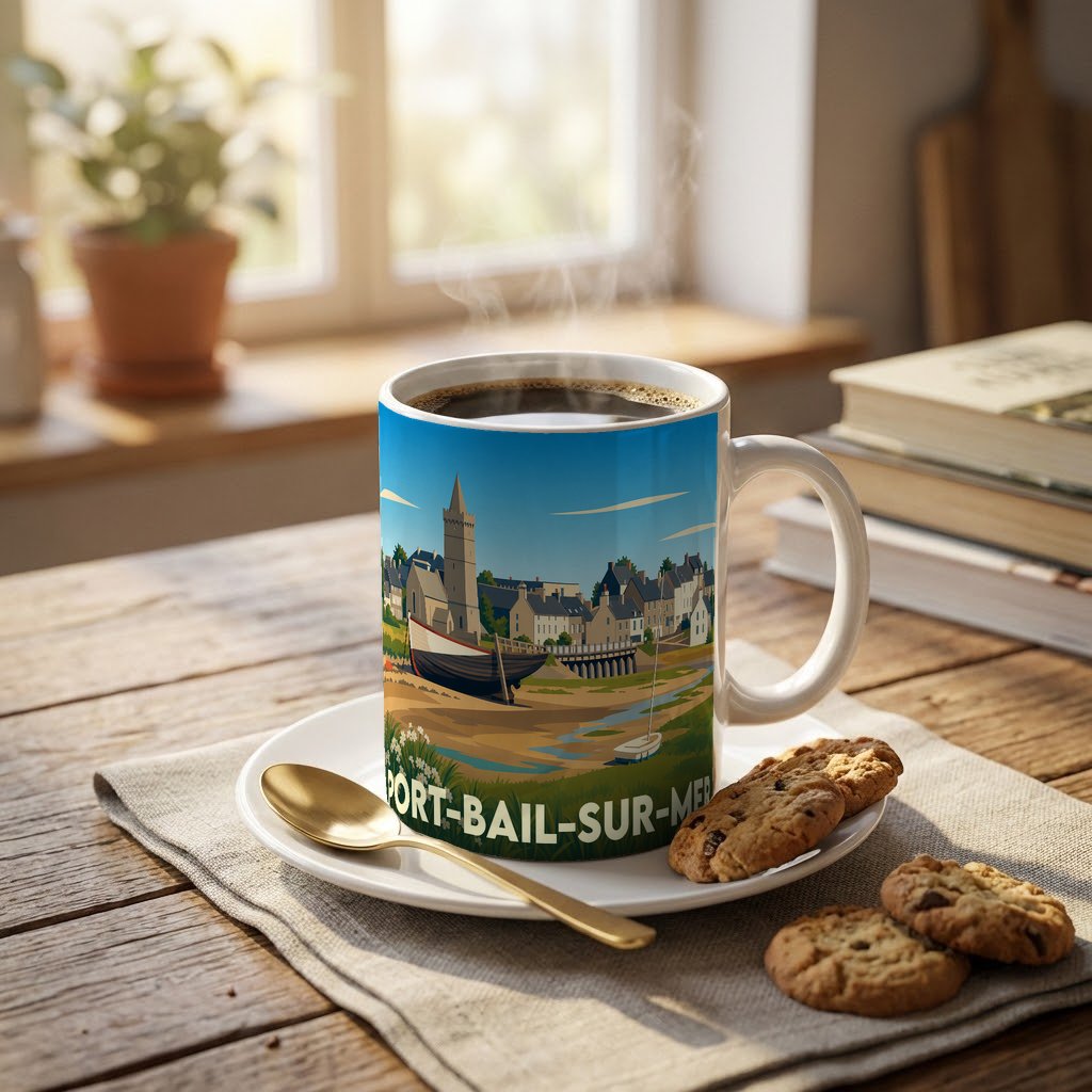 Mug souvenir de la ville de Port-Bail-sur-Mer avec une illustration stylisée d'un paysage côtier normand.