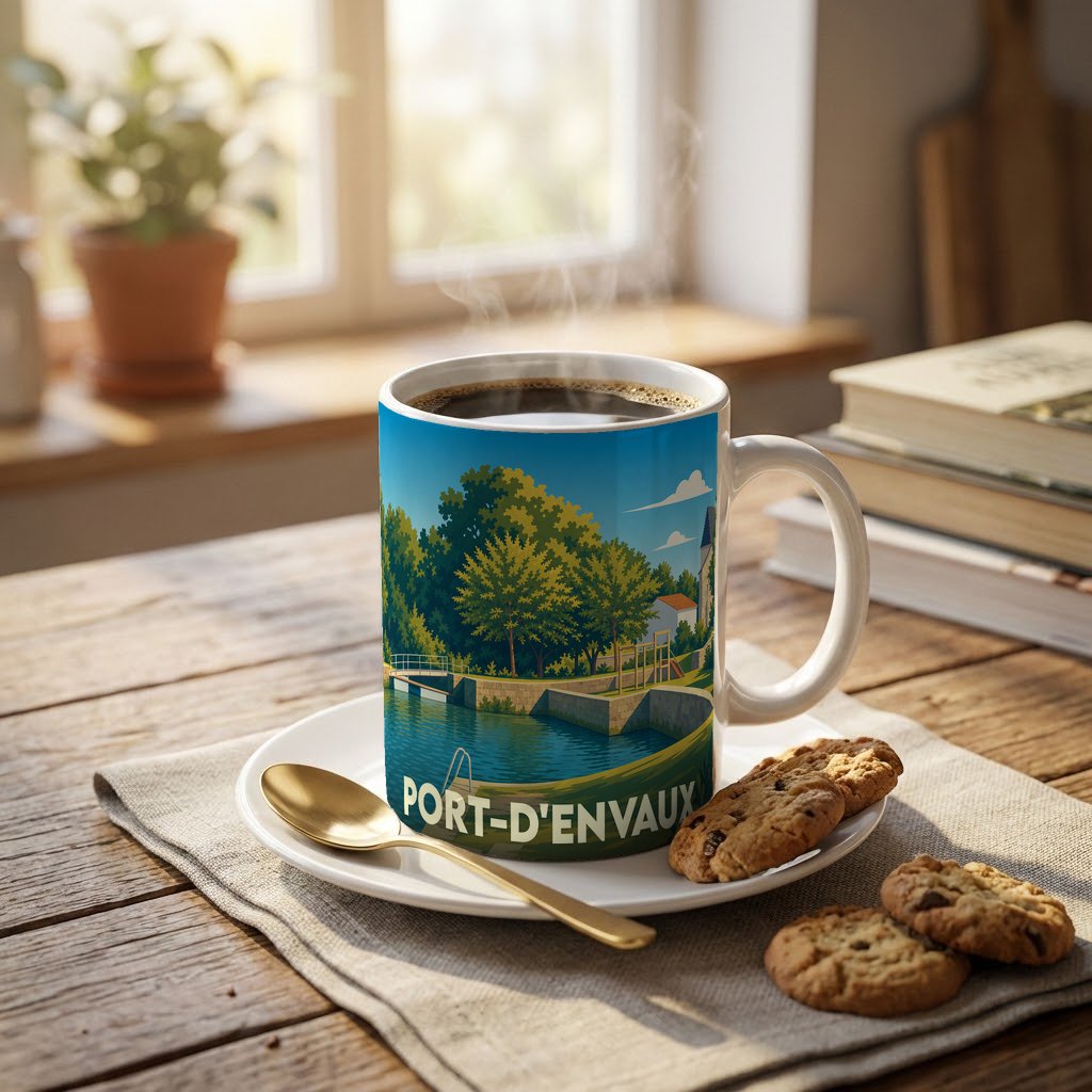 Mug souvenir de la ville de Port-d'Envaux avec une illustration stylisée d'un paysage fluvial.