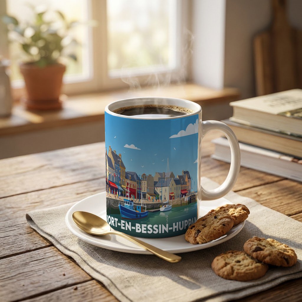 Mug souvenir de la ville de Port-en-Bessin-Huppain avec une illustration stylisée de son port.