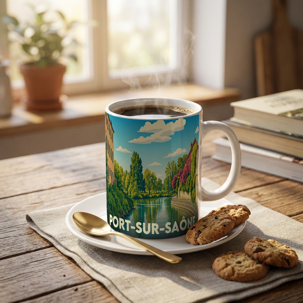 Mug souvenir de la ville de Port-sur-Saône orné d'une illustration paysagère stylisée.