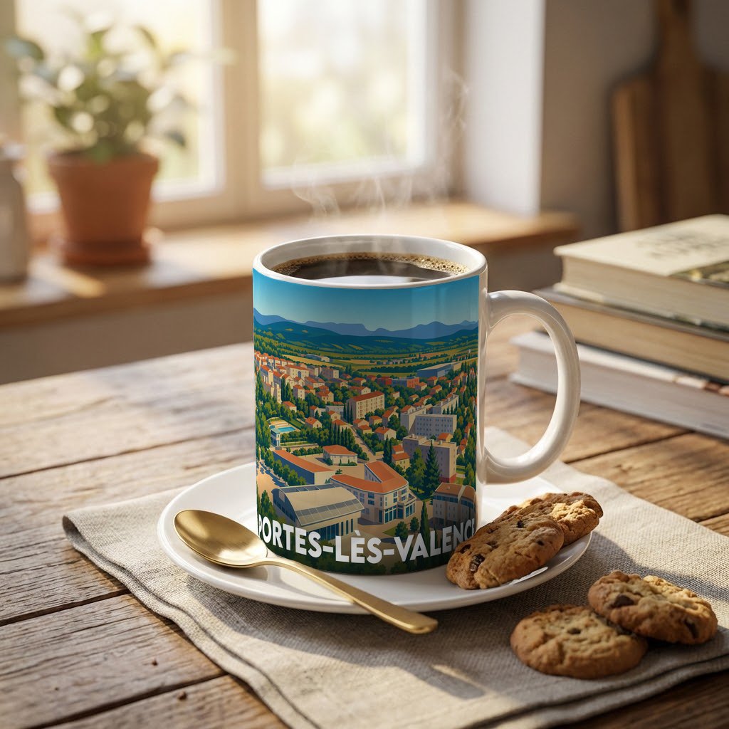 Mug souvenir de la ville de Portes-lès-Valence orné d'une illustration panoramique colorée.