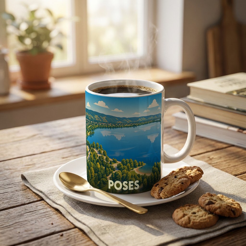Mug souvenir de la ville de Poses orné d'une illustration stylisée de son lac et de ses paysages verdoyants.