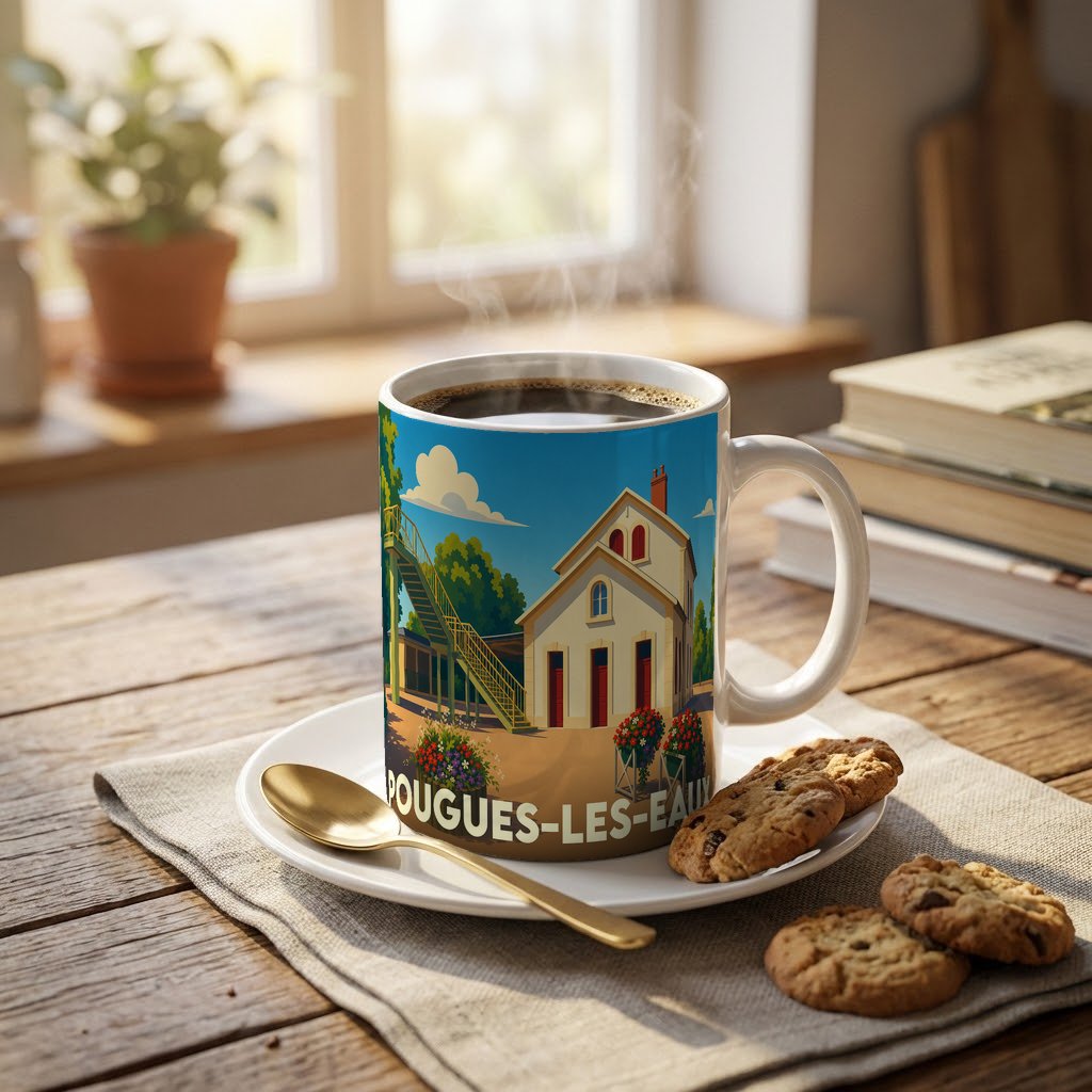 Mug souvenir de la ville de Pougues-les-Eaux avec une illustration stylisée d'un bâtiment historique.