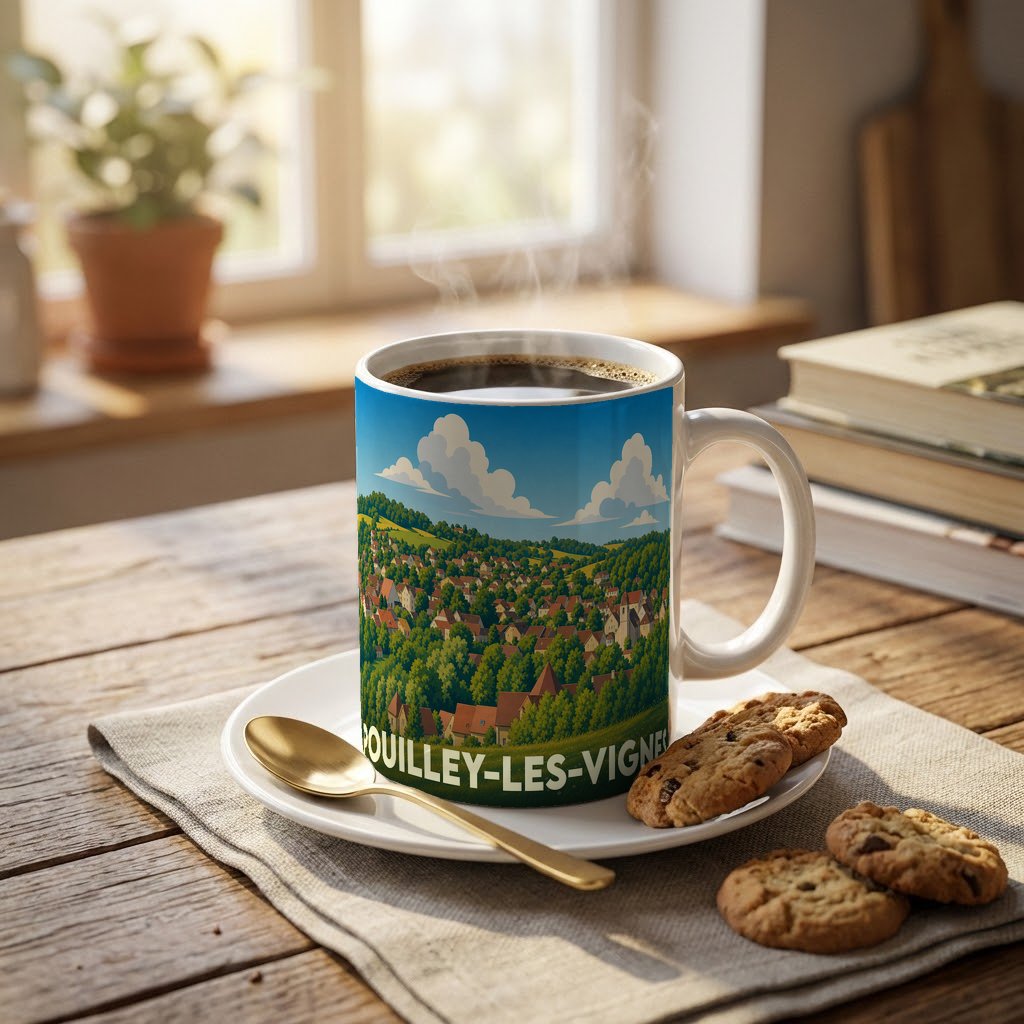 Mug souvenir de la ville de Pouilley-les-Vignes orné d'une illustration paysagère stylisée.