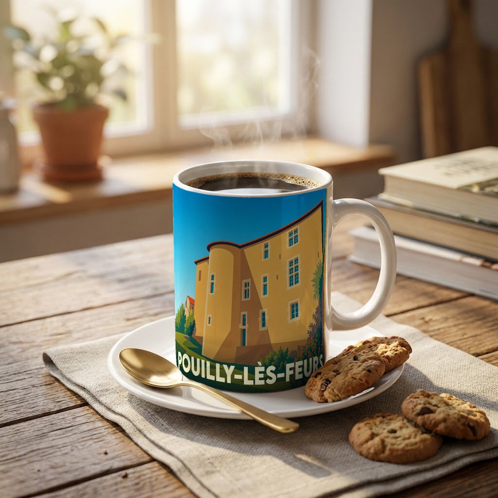 Mug souvenir de la ville de Pouilly-lès-Feurs arborant une illustration stylisée de son patrimoine architectural.