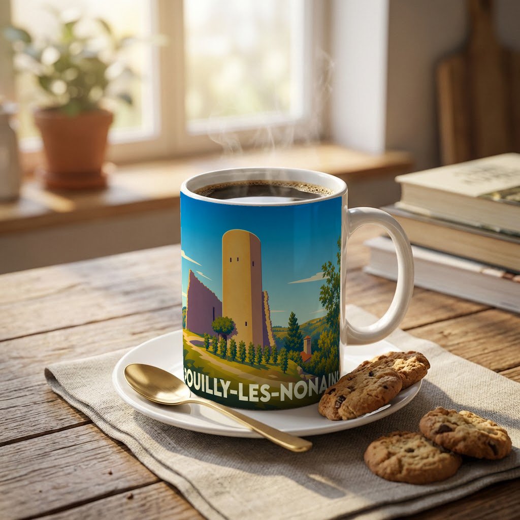 Mug souvenir de la ville de Pouilly-les-Nonains orné d'une illustration stylisée de son patrimoine.