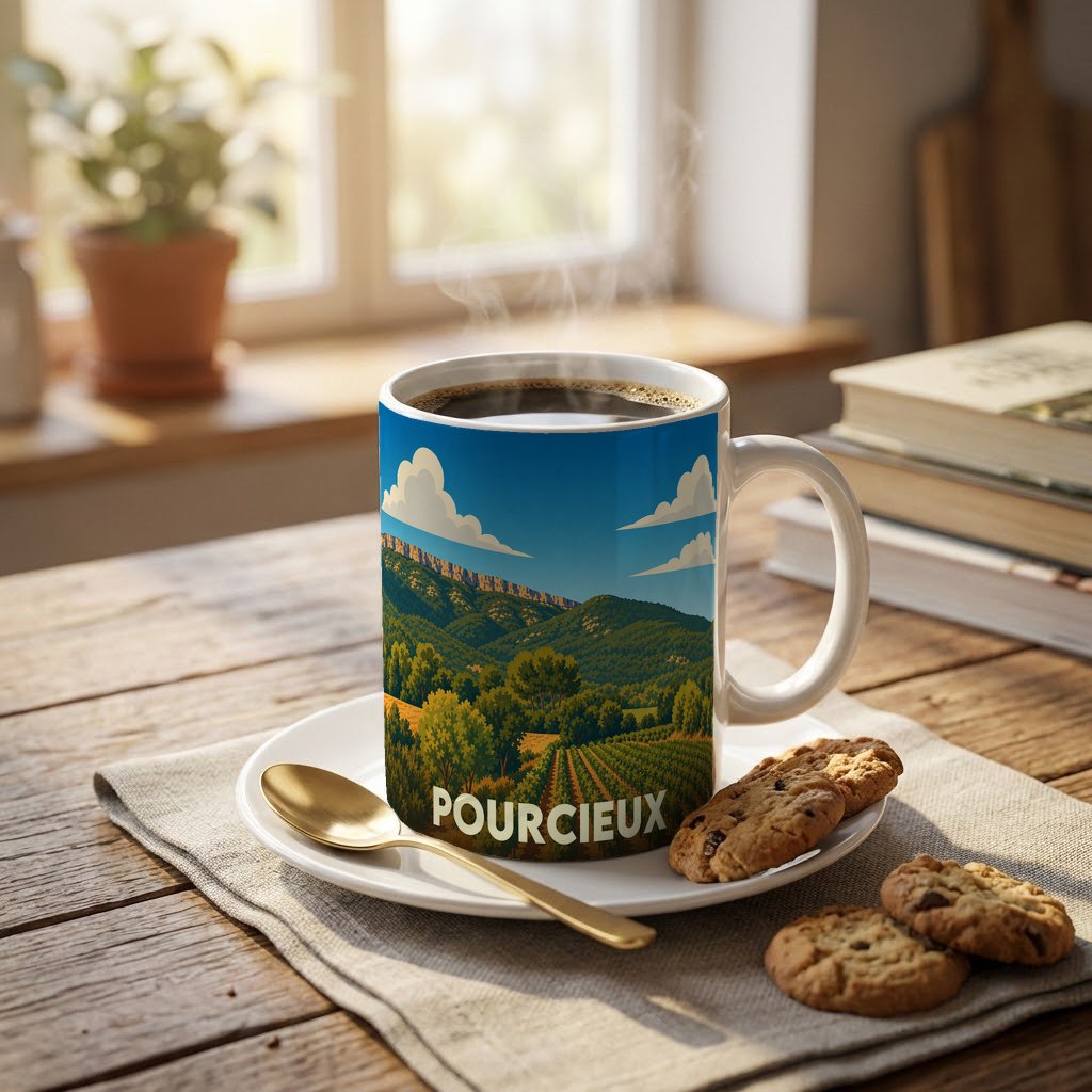 Mug souvenir de la ville de Pourcieux orné d'une illustration stylisée de paysages provençaux.