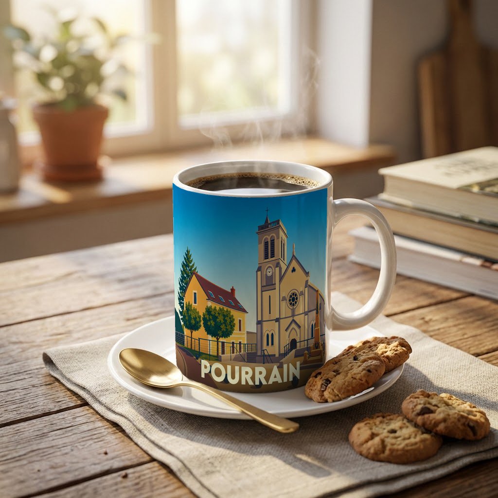 Mug souvenir de la ville de Pourrain illustré d'un dessin stylisé de son église et de ses maisons.