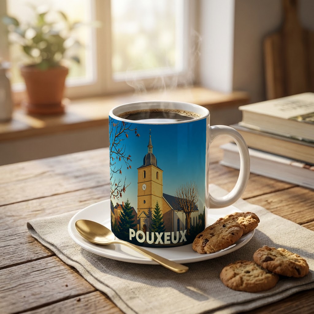 Mug souvenir de la ville de Pouxeux orné d'une illustration stylisée de son église.