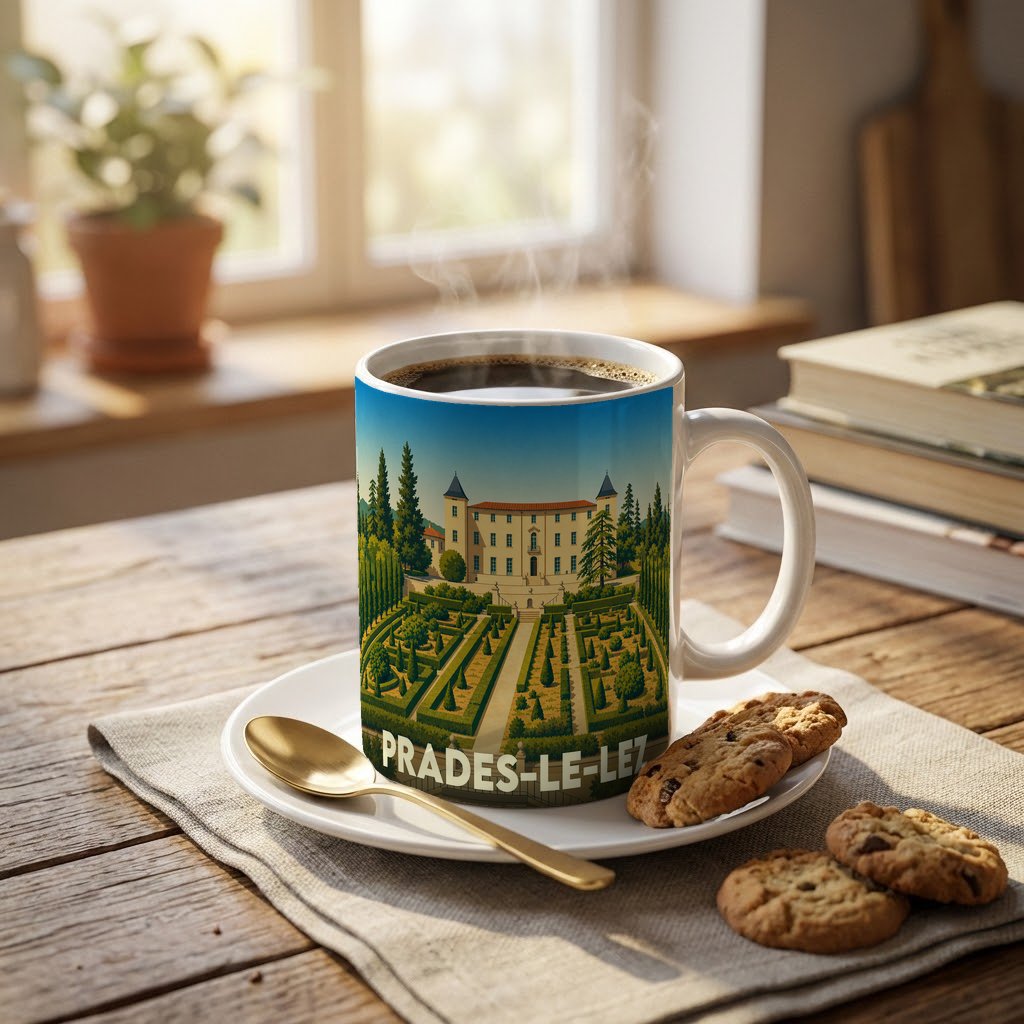 Mug souvenir de la ville de Prades-le-Lez orné d'une illustration stylisée de son château et de ses jardins.