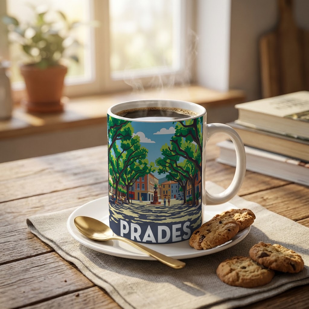 Mug souvenir de la ville de Prades avec une illustration stylisée de sa place principale.