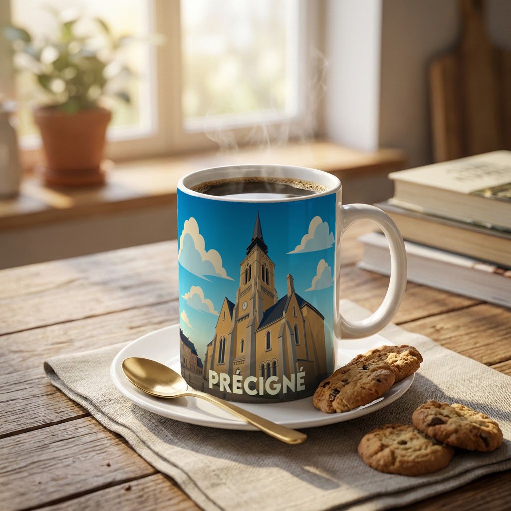Mug souvenir de la ville de Précigné illustré d'un dessin stylisé de son église.
