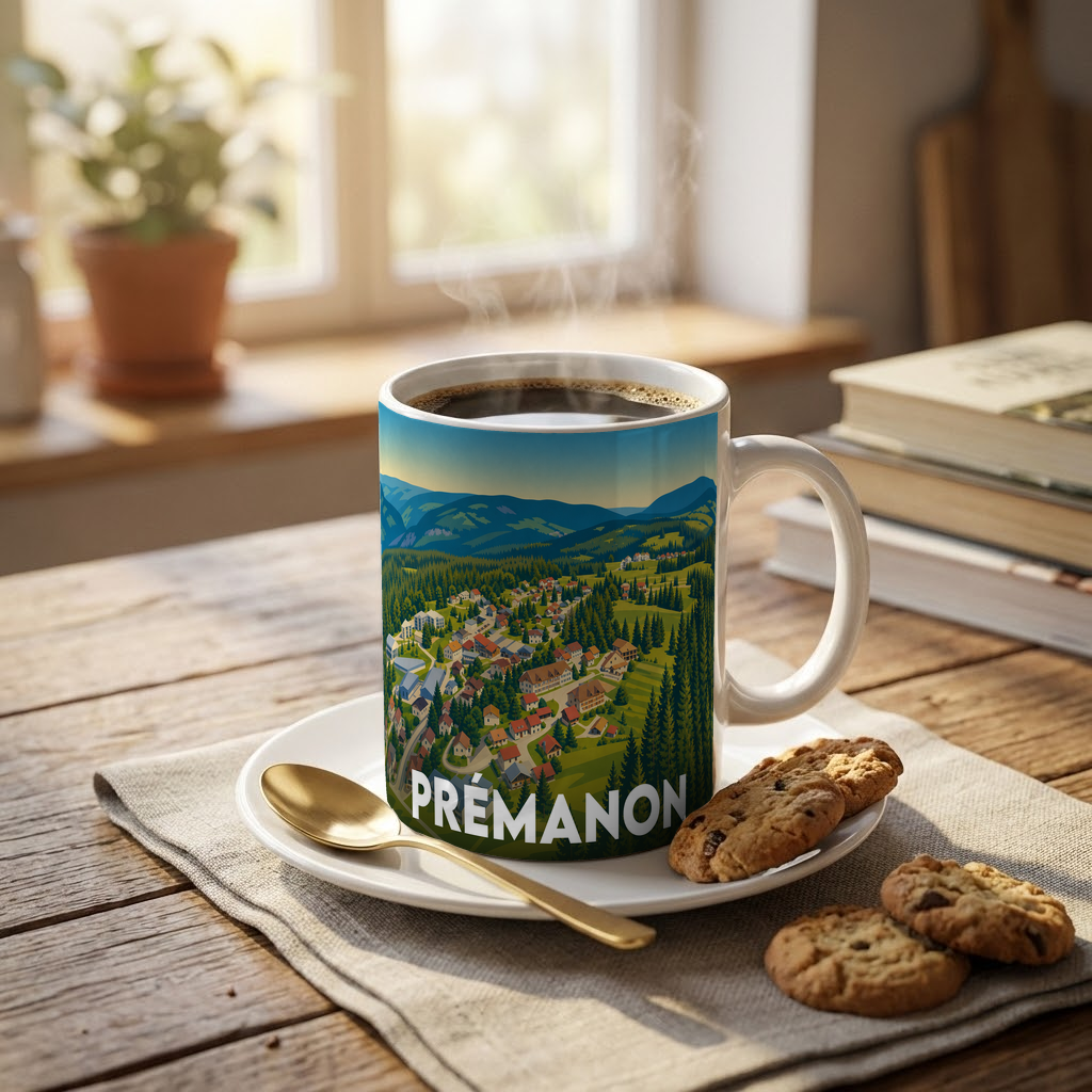 Mug souvenir de la ville de Prémanon avec une illustration stylisée.