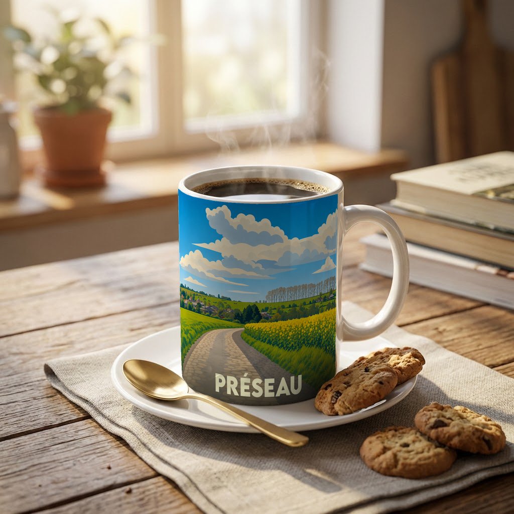 Mug souvenir de la ville de Préseau orné d'une illustration stylisée de paysages champêtres.
