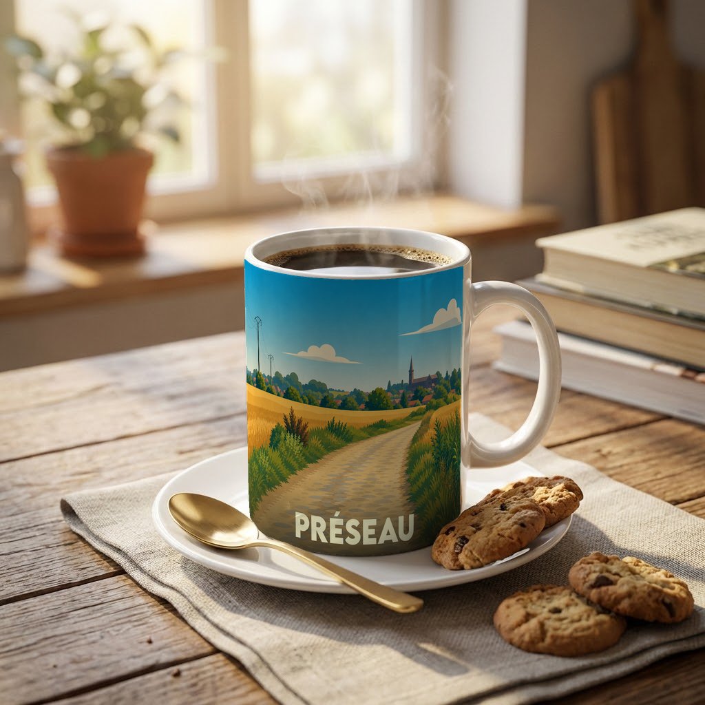Mug souvenir de la ville de Préseau avec une illustration stylisée de paysage champêtre.