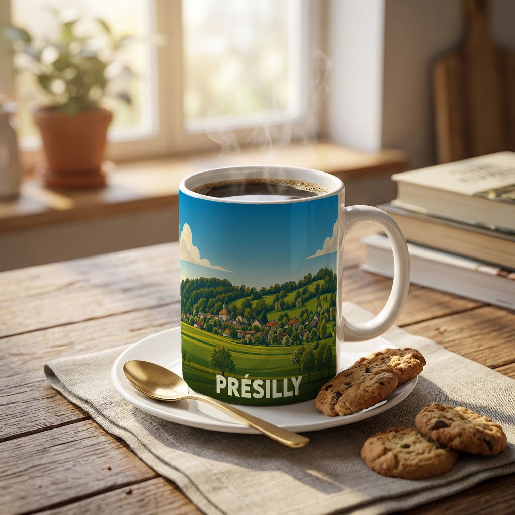 Mug souvenir de la ville de Présilly illustré d'un paysage de campagne verdoyant.