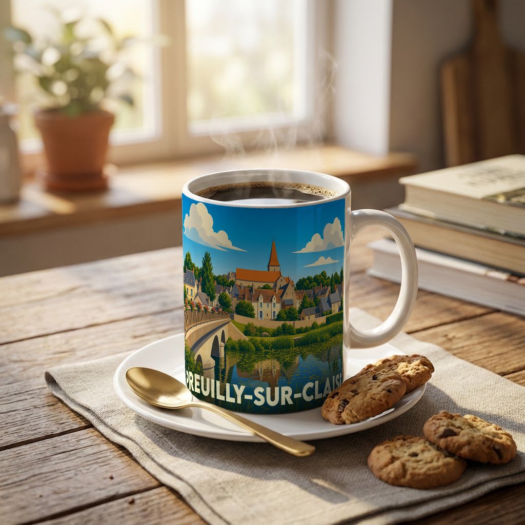 Mug souvenir de la ville de Preuilly-sur-Claise avec une illustration stylisée d'un pont et de son église en bord de rivière.