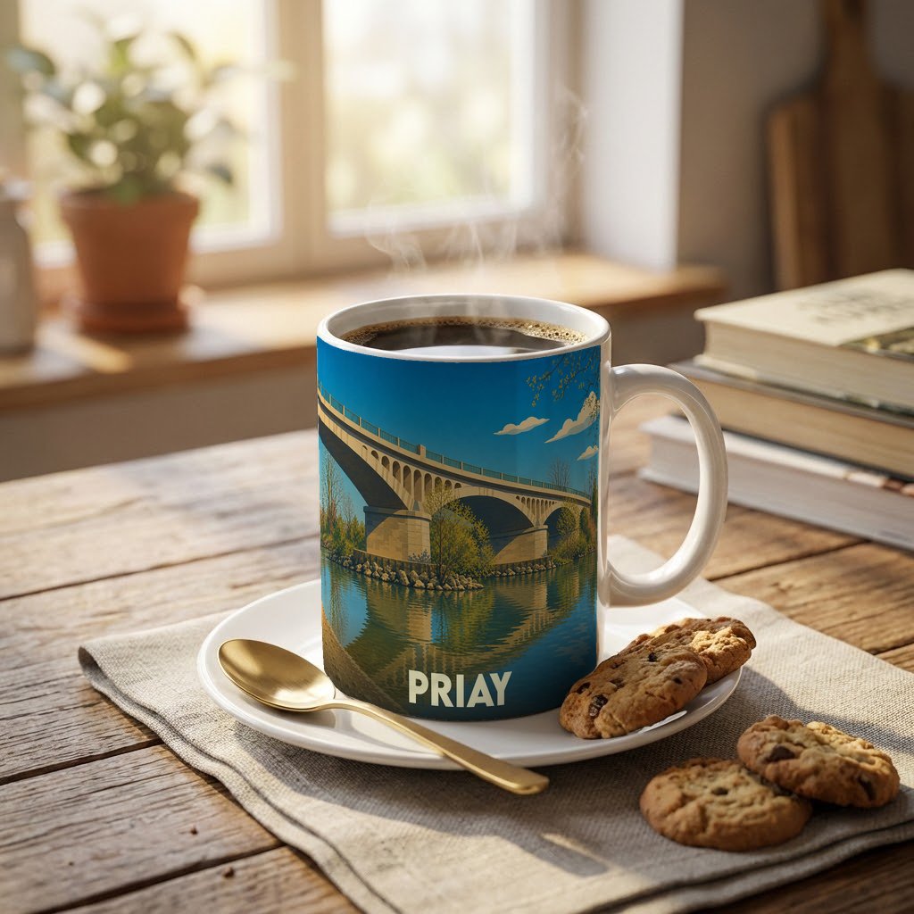 Mug souvenir de la ville de Priay avec une illustration stylisée de son pont se reflétant dans l'eau.